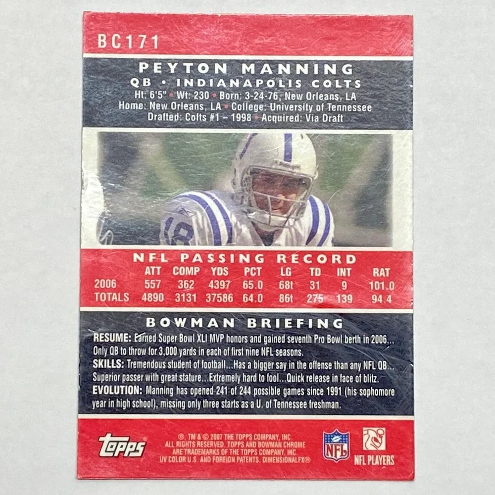 2007 Topps Peyton Manning Bowman Chrome QB Indianapolis Colts NFL Card #BC171 - Picture 8 of 9